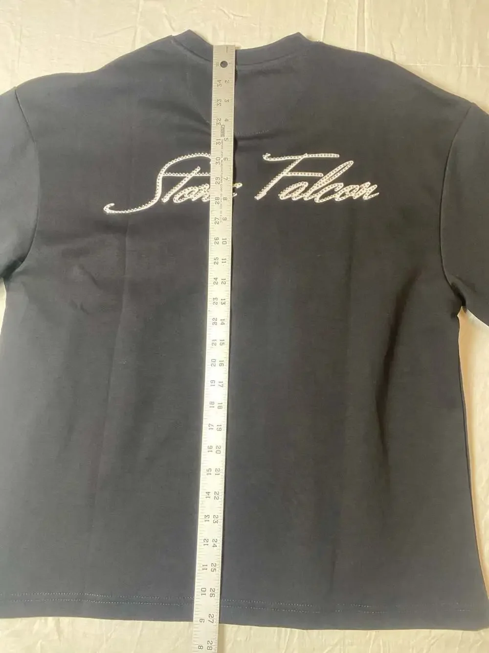Stone Falcon Men's Black Rhinestone Script Logo T-Shirt Size M
